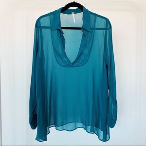 Free People Long Sheer Teal Blouse Size M